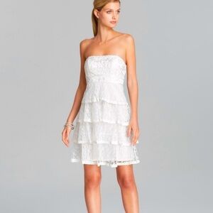 “SUE WONG” Strapless Tiered Lace Dress